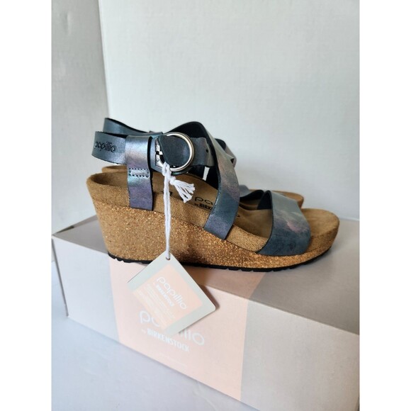 Papillio Birkenstock Sibyl Nubuck Wedge Sandals 38 US 7.5-8 Metallic Black - Picture 3 of 16